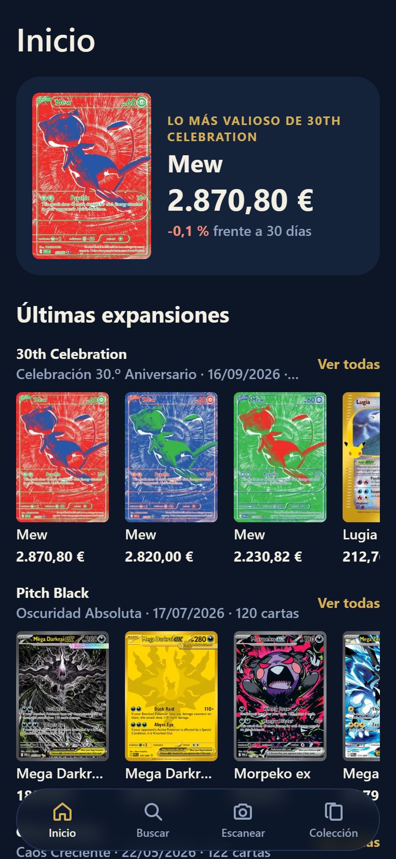 Pantalla de inicio, con la carta más valiosa del último set